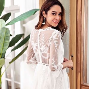 Pointelle Trim Mesh Overlay Embroidered Dress